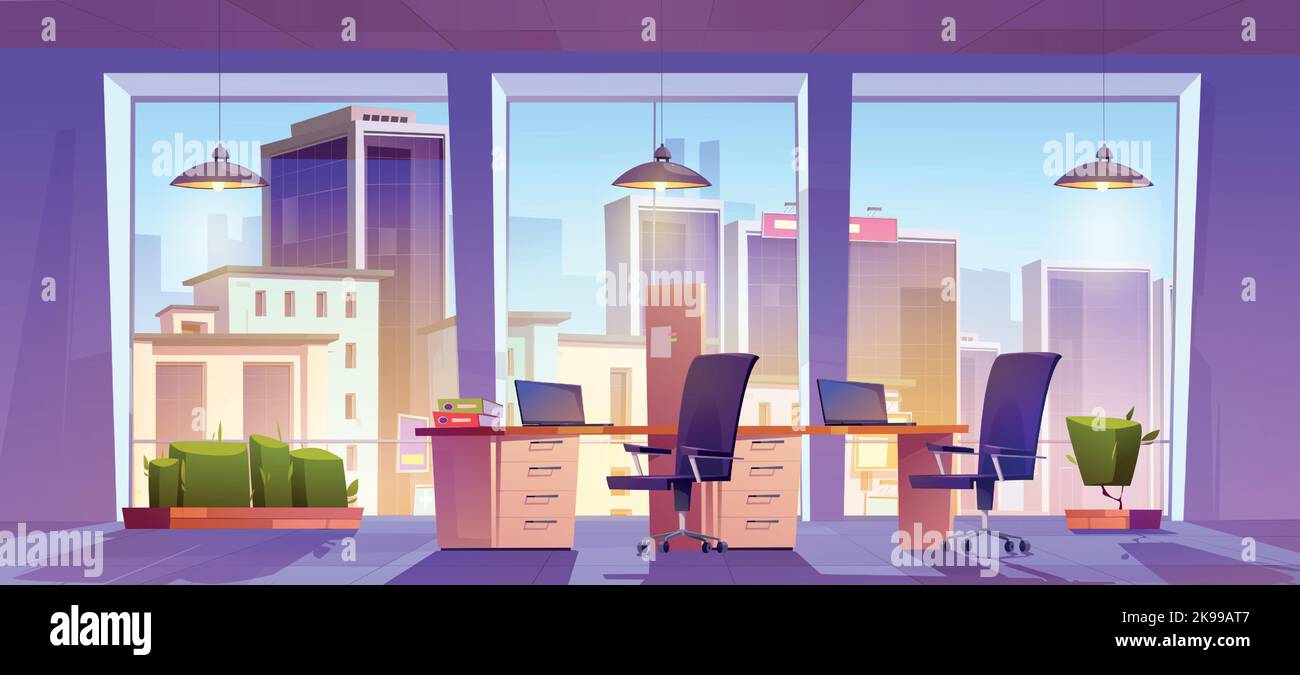 Open space office workplace interior with tables, laptops, chairs, task ...