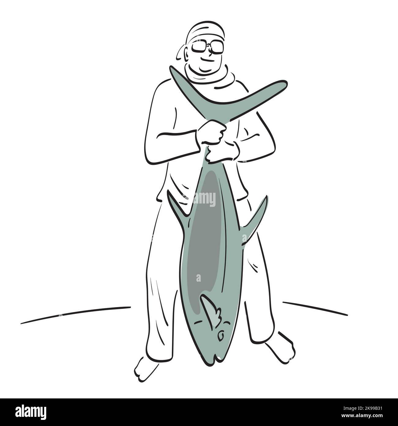 fisherman holding big sea fish illustration vector hand drawn isolated on white background line art. Stock Vector