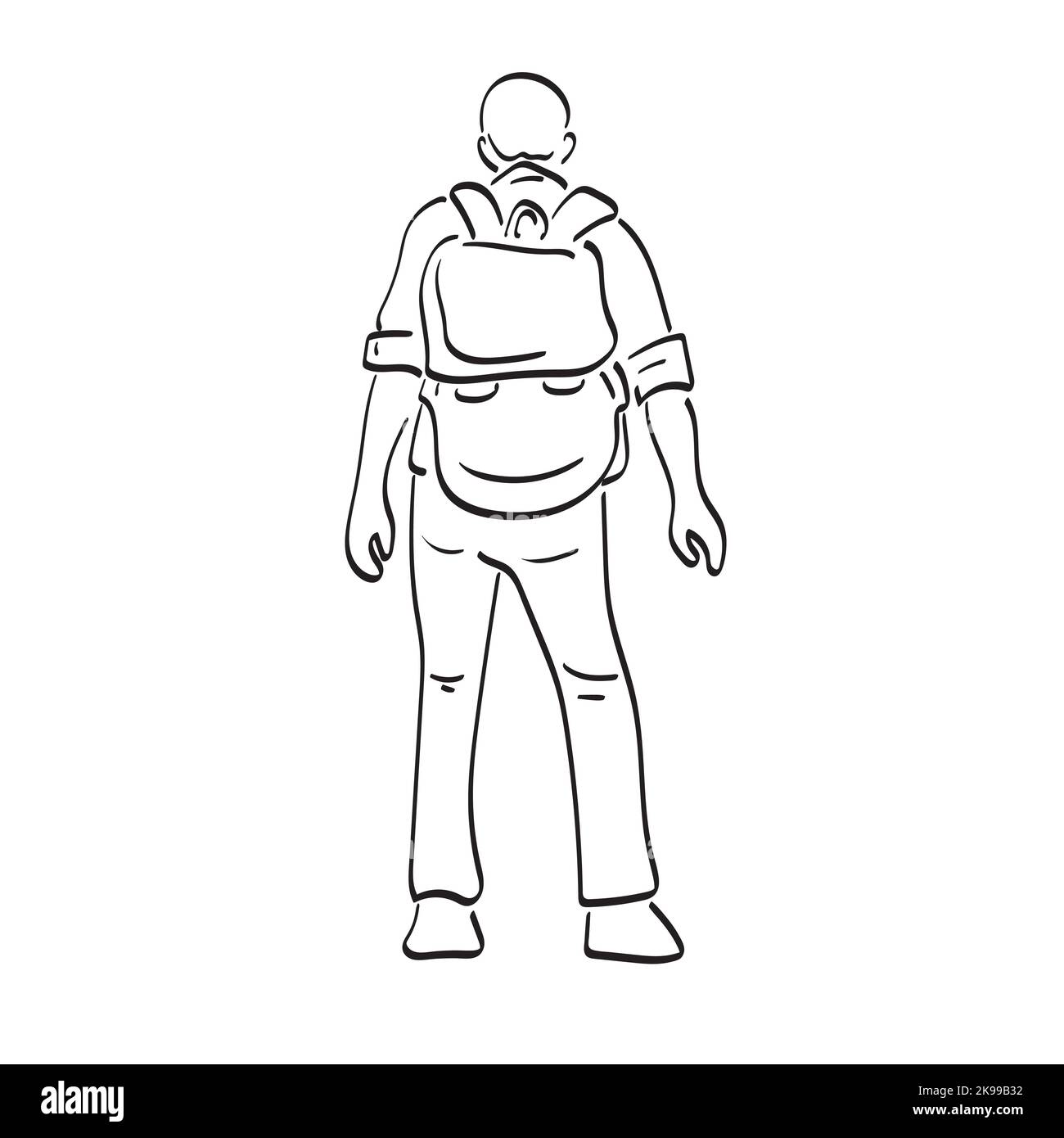 man with backpack standing illustration vector hand drawn isolated on white background line art. Stock Vector