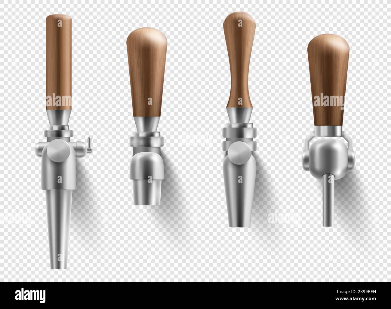Beer taps with wooden handles, bar or pub equipment, brew machine