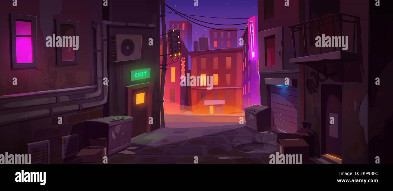 Dark dirty corner at night city with back exit door, litter bins and scatter garbage on narrow street with old buildings and view on colorful light road, town landscape Cartoon vector illustration Stock Vector