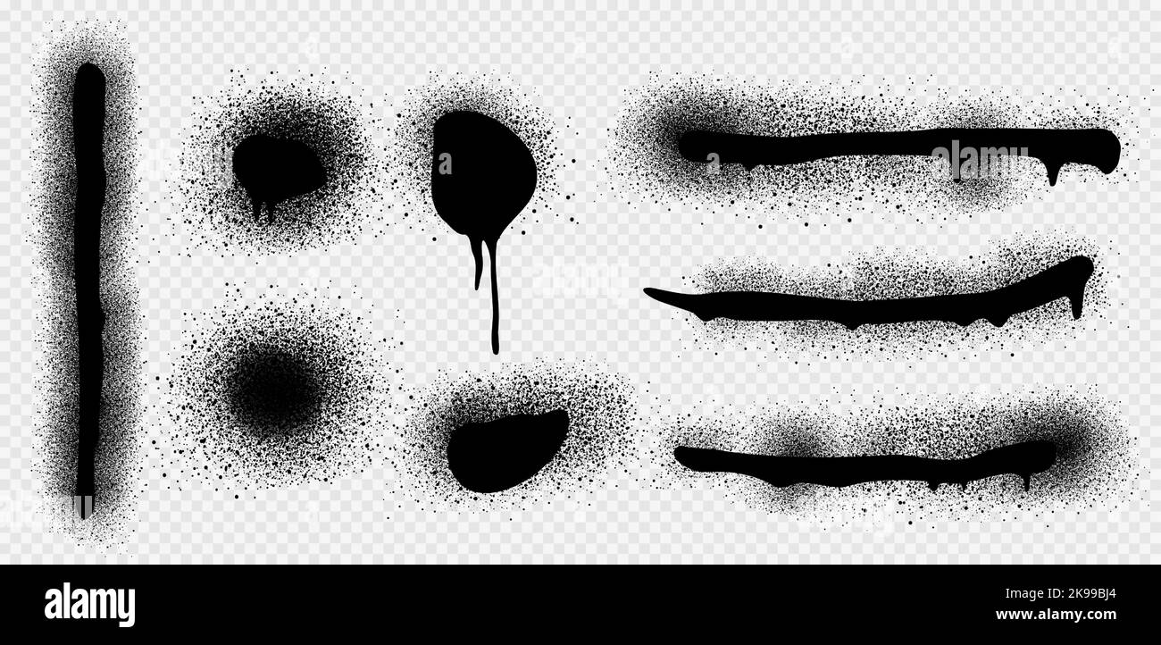 Spray paint drips and lines, black ink splatters, brush stains with graffiti effect. inky blots in urban street style, blobs or stripes. Design elements isolated on transparent background, Vector set Stock Vector