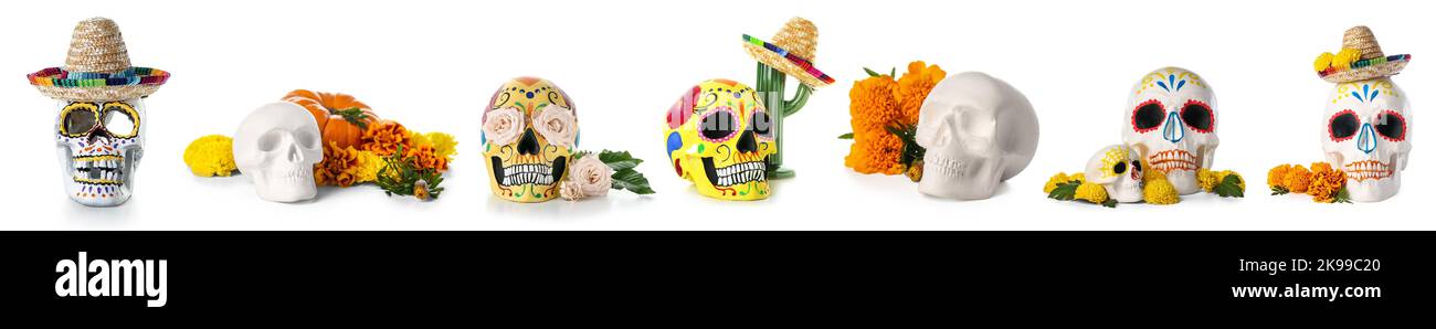 Set of painted human skulls for Mexico's Day of the Dead (El Dia de ...