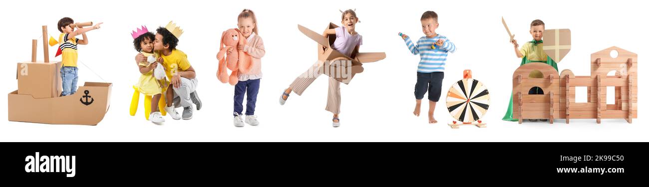 Group of little children with toys on white background Stock Photo - Alamy