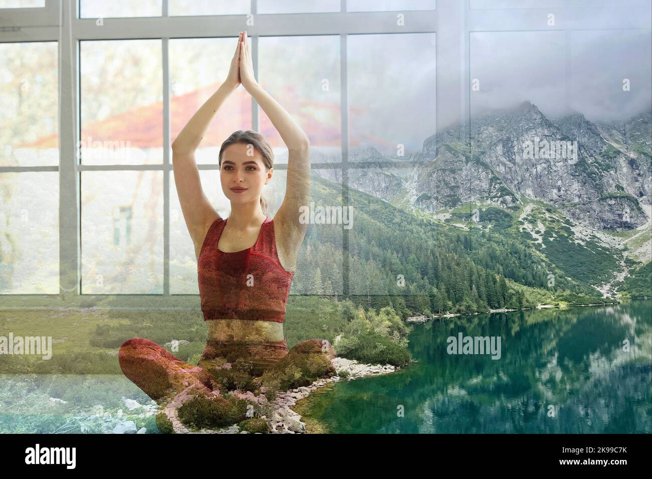 Double exposure of meditating young woman and landscape with mountain lake Stock Photo