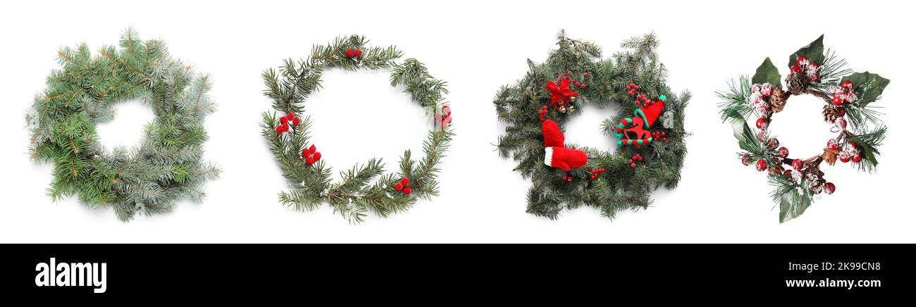 Set of beautiful Christmas wreaths isolated on white Stock Photo - Alamy