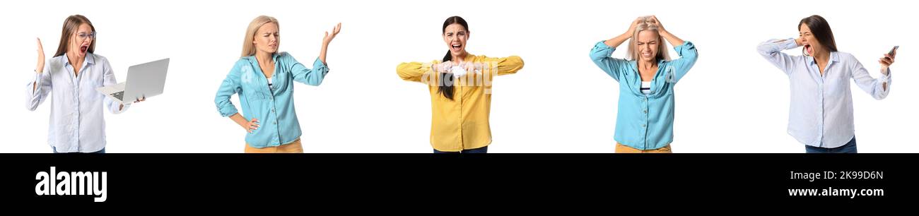 Set of stressed young women on white background Stock Photo - Alamy