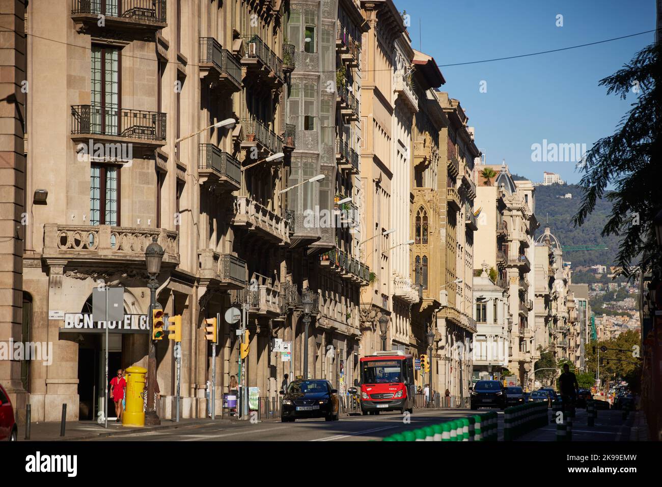 Catalonia capital city Barcelona in Spain. Hotel Colonial Barcelona looking up Via Laietana Stock Photo