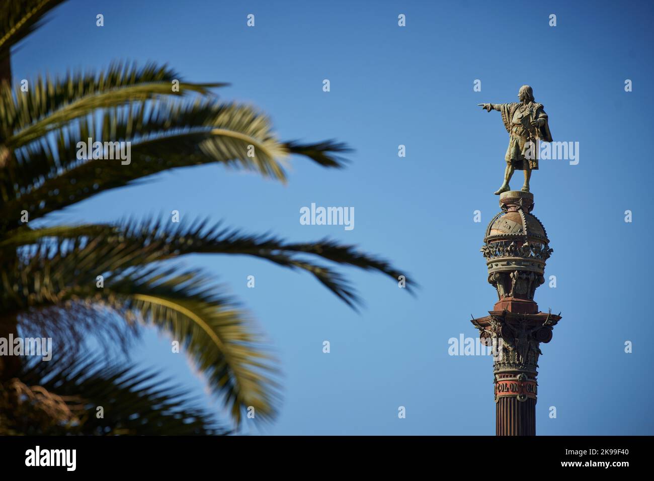 Catalonia capital city Barcelona in Spain. Columbus Monument 60m tall monument to Christopher Columbus at La Rambla Stock Photo