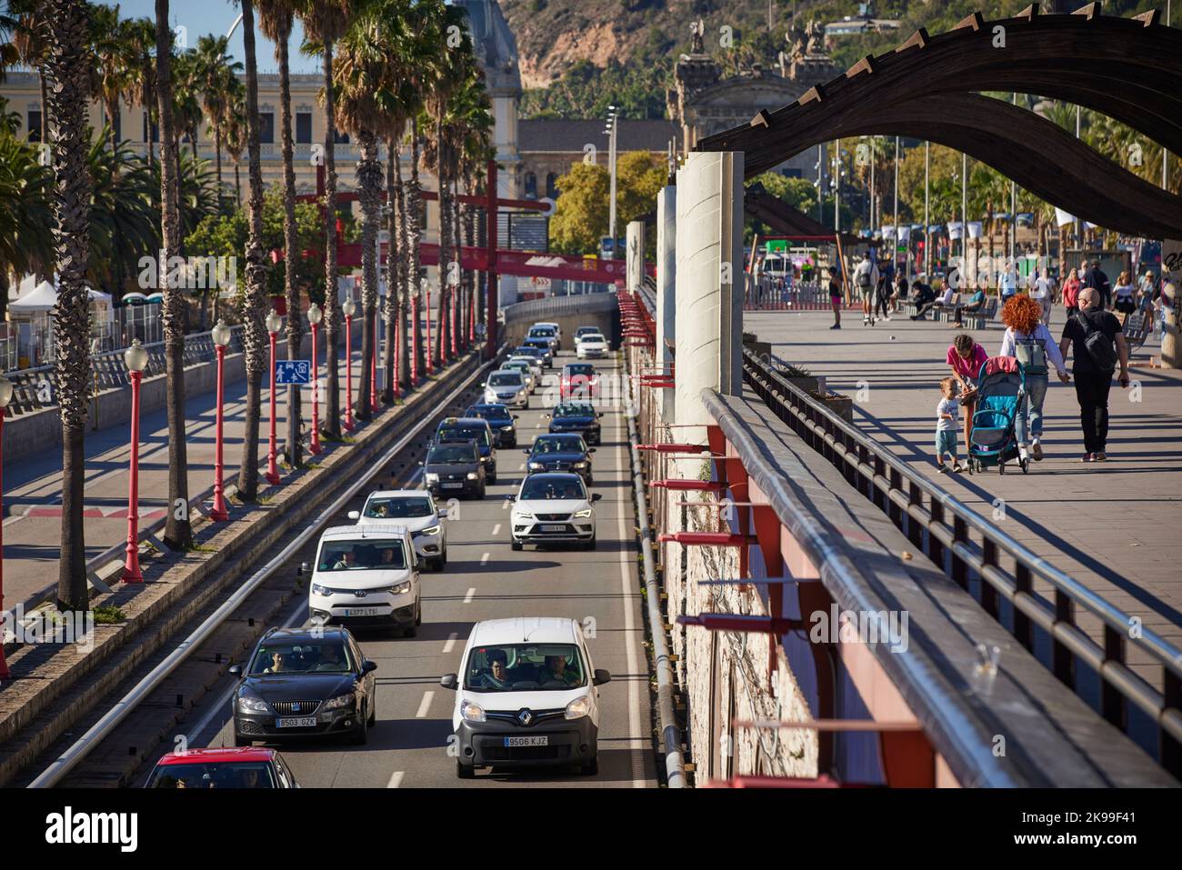 Catalonia capital city Barcelona in Spain. B-10, also known as Ronda Litoral along the promenade at the marina Stock Photo