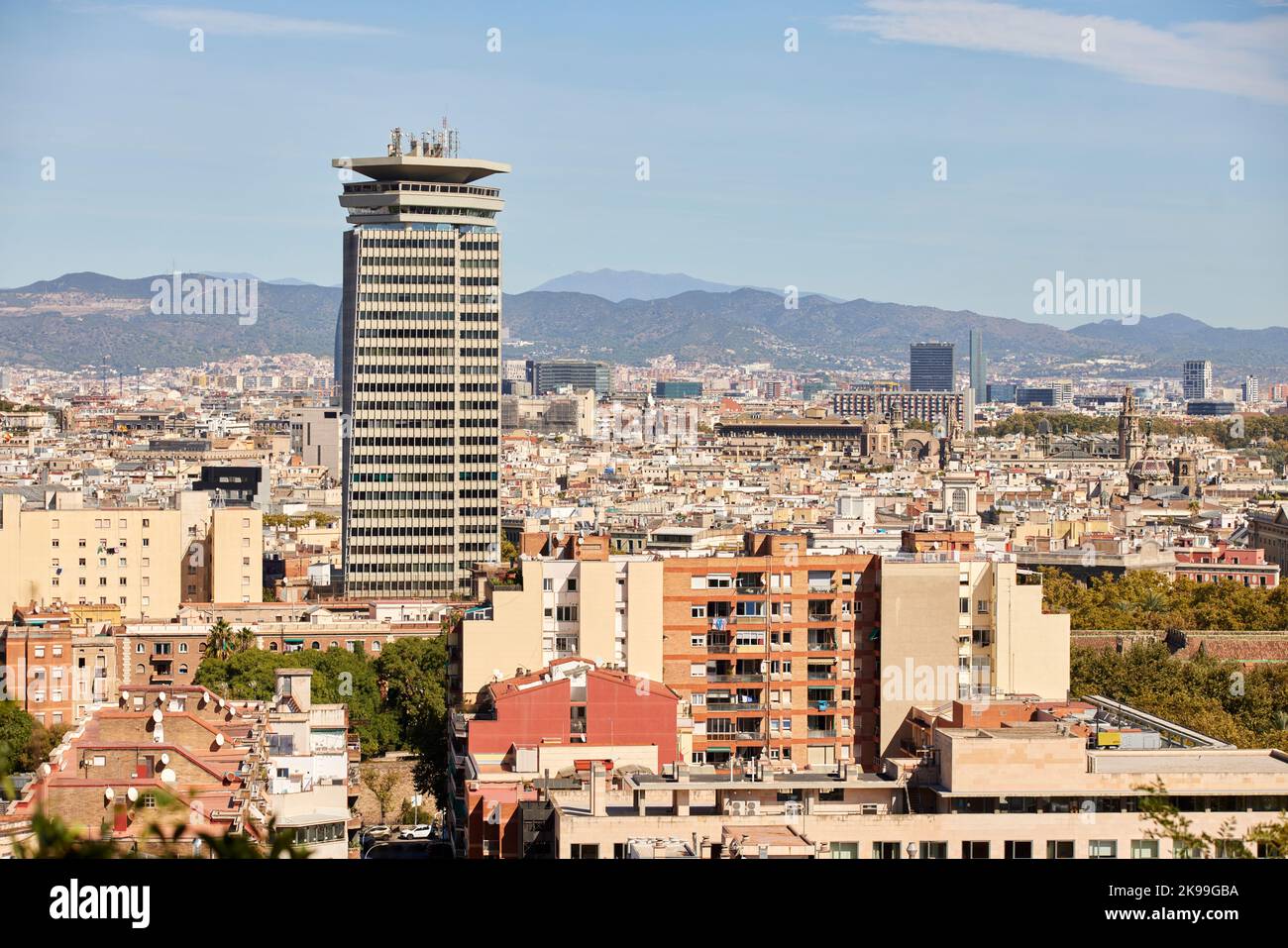 Catalonia capital city Barcelona in Spain. Edifici Colón  a office skyscraper on the city skyline Stock Photo