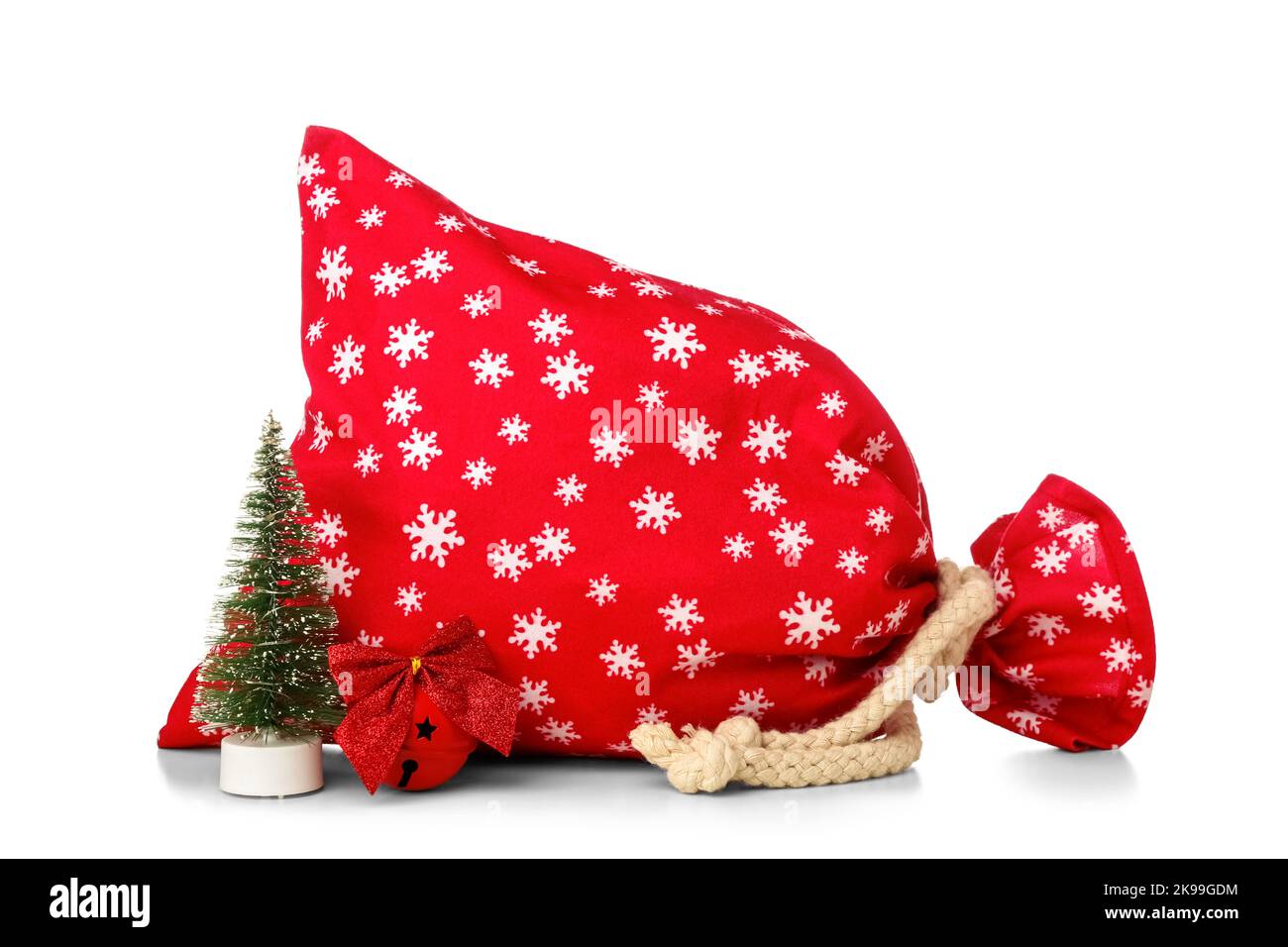Santa Claus bag and decorations on white background Stock Photo - Alamy