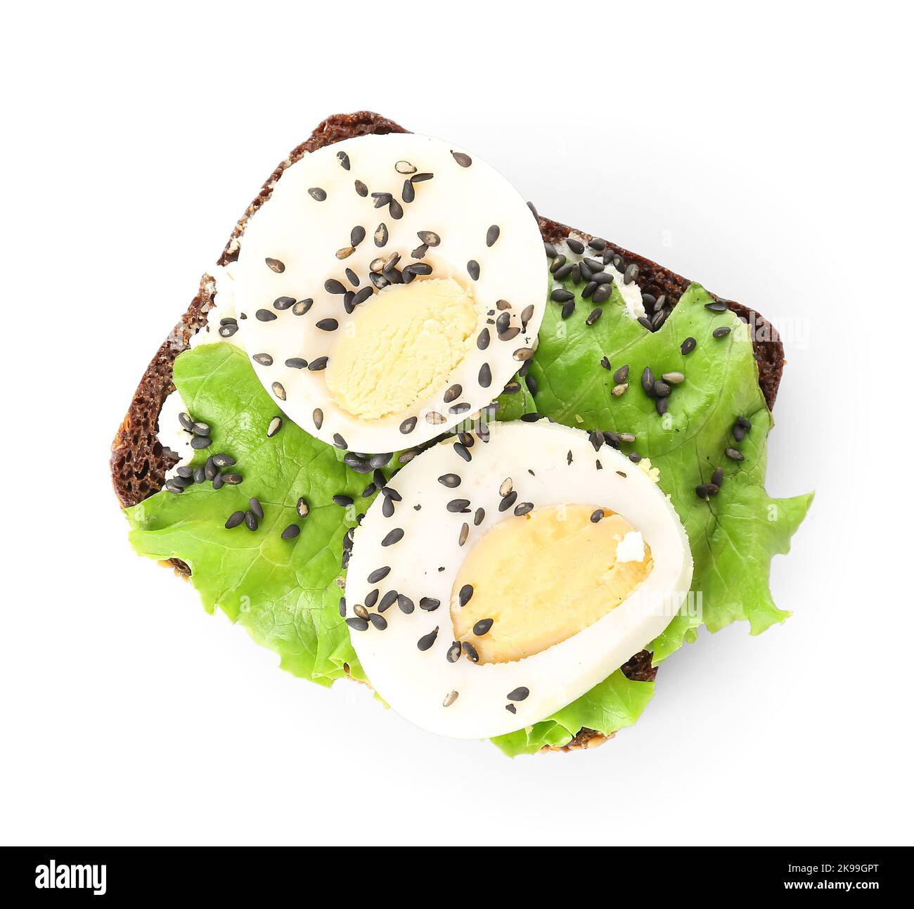Tasty toast with boiled eggs and chia seeds on white background Stock