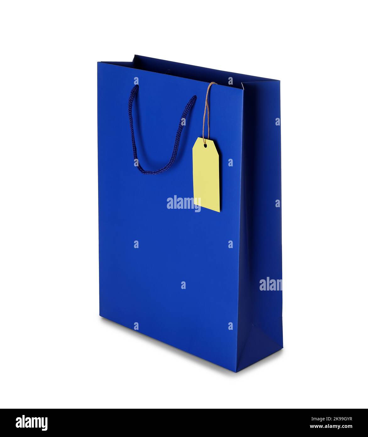 Blue shopping bag with price tag on white background. Black Friday sale Stock Photo