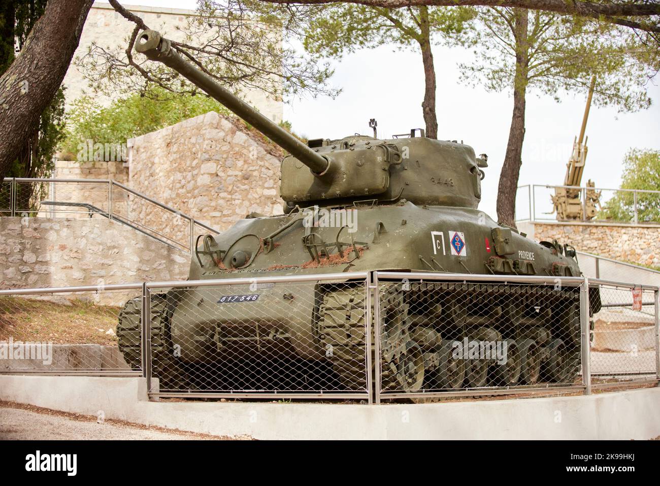 Toulon port city on southern France Mediterranean coast,  American M4A1 Sherman tank  Mont Faron as memorial to  Second World War Stock Photo