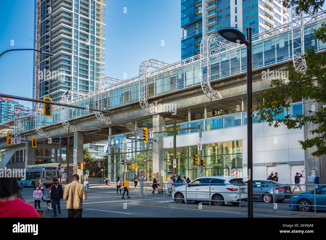 View of Skytrain station Metrotown, Vancouver City, BC, Canada. Modern downtown of Burnaby city-October 1,2022. Travel photo, editorial, selective foc Stock Photo