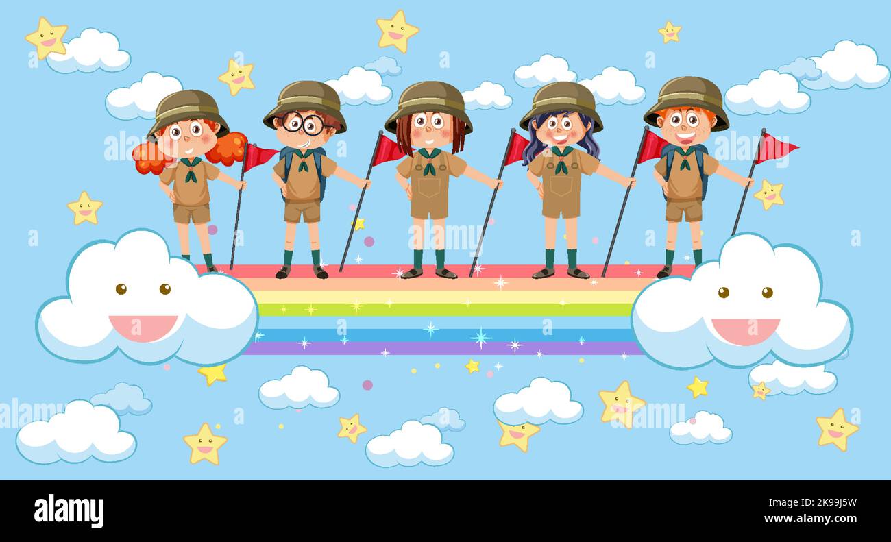 Happy kids in in the sky with rainbow illustration Stock Vector Image ...
