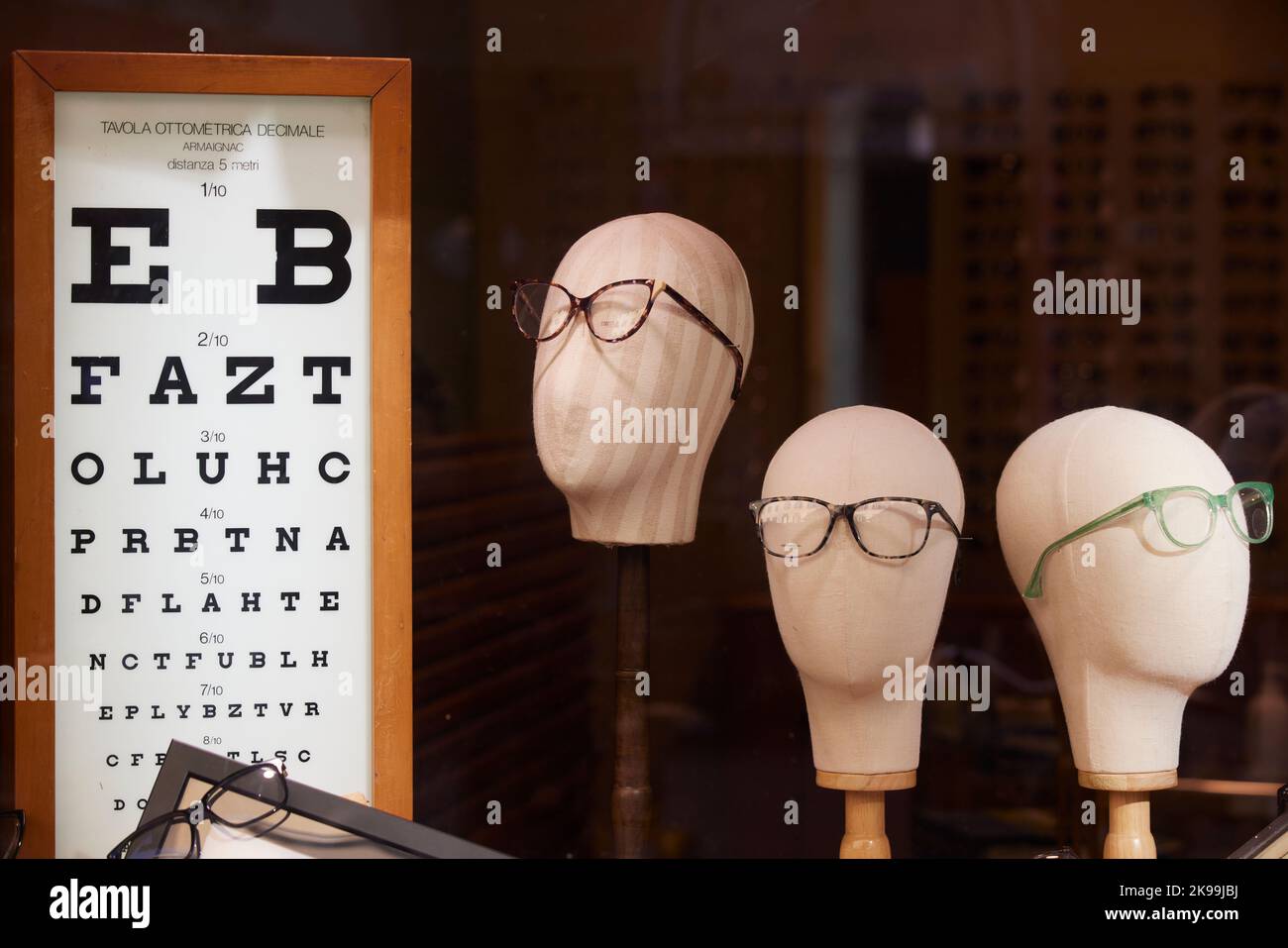 Pisa, Tuscany, Italy, Optician chart window display Stock Photo
