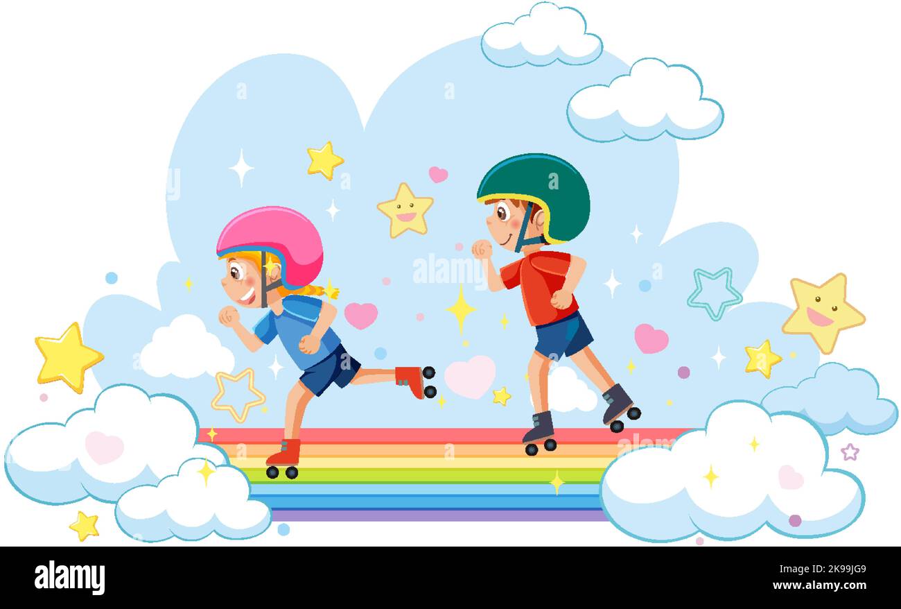 Happy kids on rainbow illustration Stock Vector Image & Art - Alamy