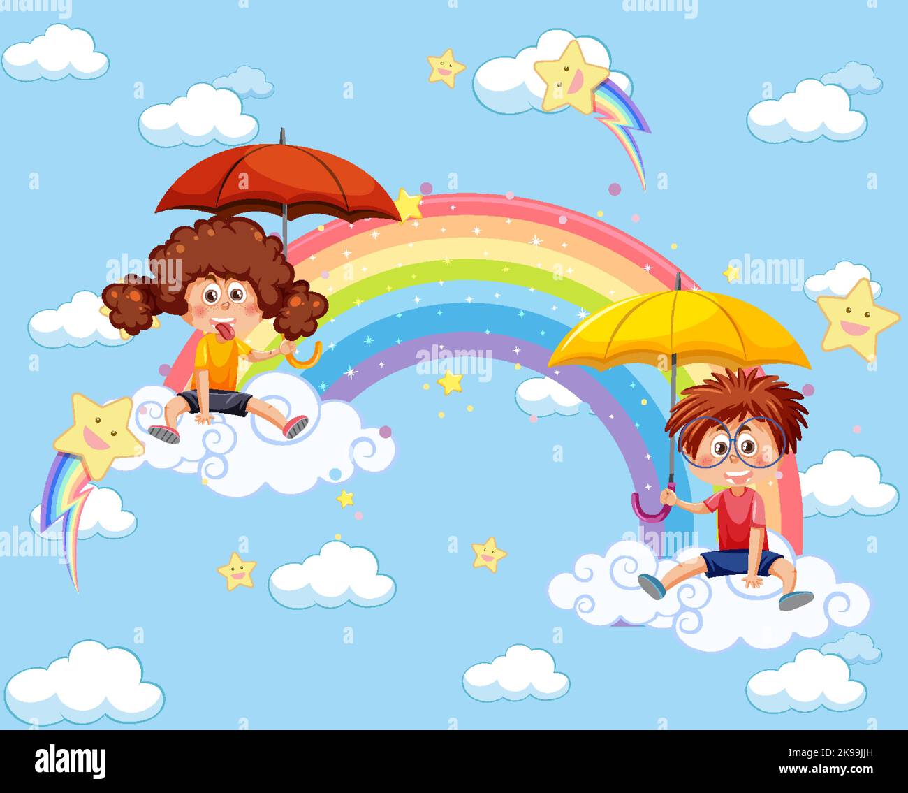 Happy kids in in the sky with rainbow illustration Stock Vector Image ...
