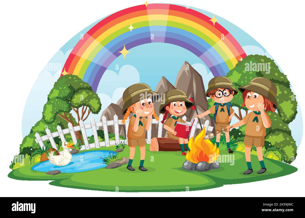 Camping children with rainbow in the sky illustration Stock Vector ...