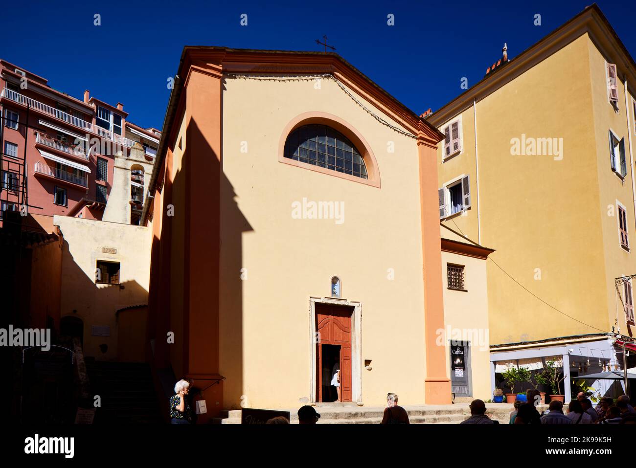 Port town Ajaccio capital of Corsica, French island in the Mediterranean Sea. Church of Saint-Roch Stock Photo