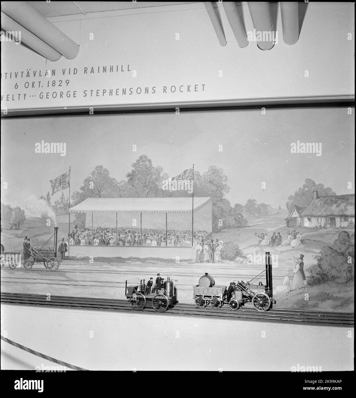 Model and painting depicting novelty and Rocket at Rainhill Stock Photo