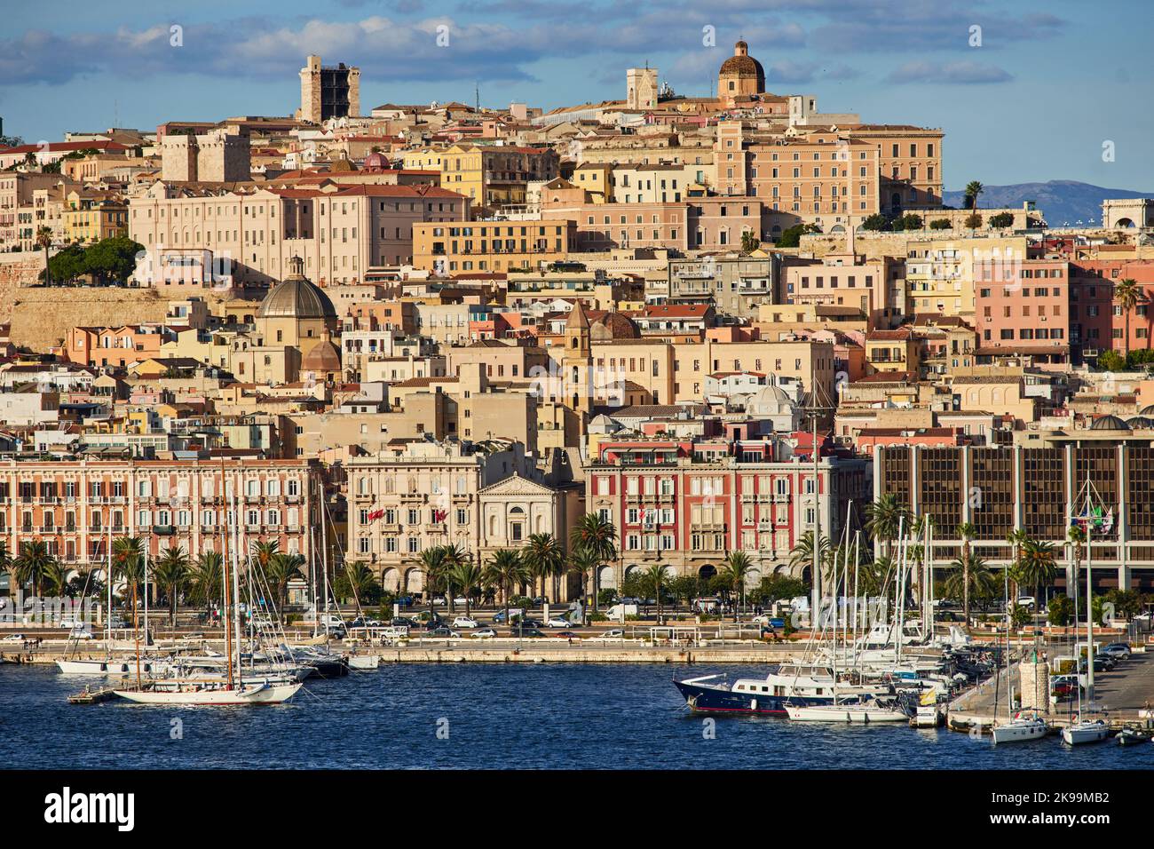 Port town Cagliari capital city of the Italian Mediterranean   island of Sardinia. skyline from the harbour Stock Photo