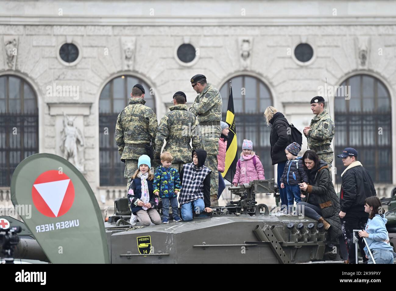 Vienna, Austria. 26th Oct 2022. Austrian national day 2022 in Vienna at Heroes Square (Heldenplatz). Inspection of a tank as part of the performance show Stock Photo