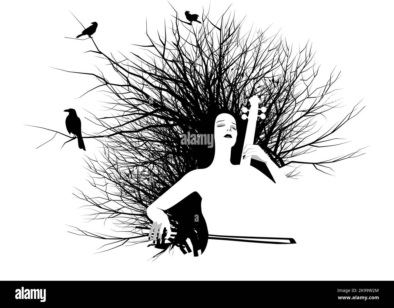Woman playing the cello, dry branches and silhouettes of crows on them. Black ink illustration on white background. Stock Vector