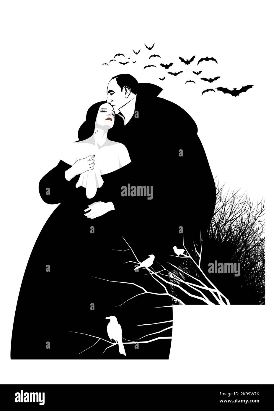 Man with cape tenderly kissing a lady on the forehead. Lady with fang wounds and on her neck. Bats flying. Silhouette of dry branches and ravens on th Stock Vector