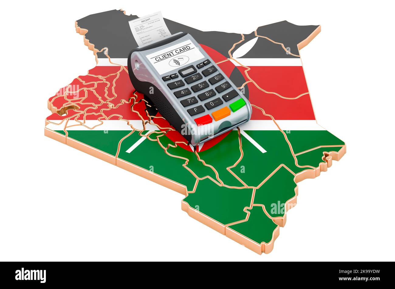 Kenyan map with POS terminal. Cashless payments in Kenya concept. 3D rendering isolated on white background Stock Photo