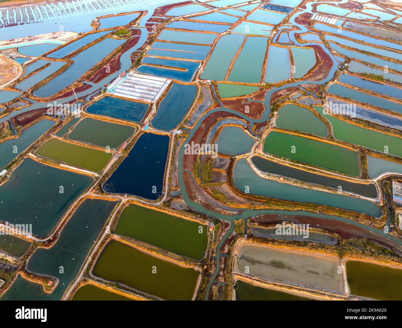 Aerial photos show the colorful views of shrimp and crab breeding pond ...