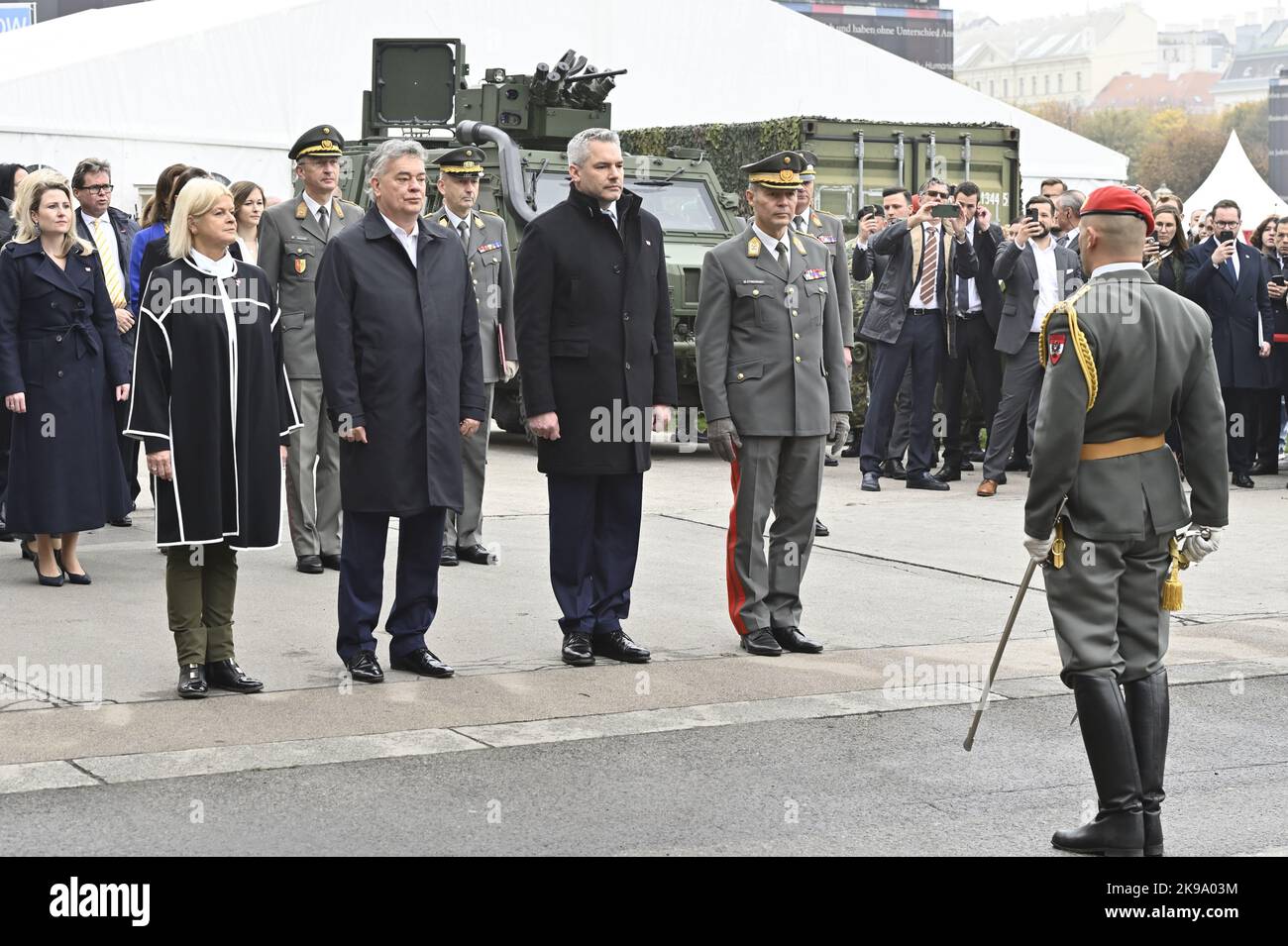 Vienna, Austria. 26th Oct 2022. Austrian national day 2022 in Vienna at Heroes Square (Heldenplatz). Picture shows (from L to R) Minister of Defense Klaudia Tanner (ÖVP), Vice Chancellor Werner Kogler (the Greens) and Chancellor Karl Nehammer (ÖVP) Stock Photo