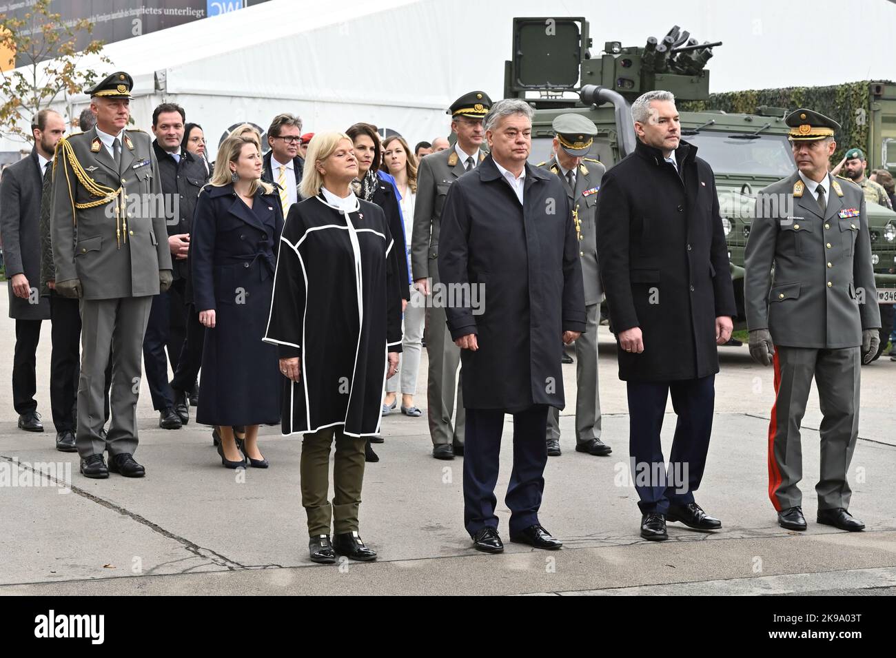 Vienna, Austria. 26th Oct 2022. Austrian national day 2022 in Vienna at Heroes Square (Heldenplatz). Picture shows (from L to R) Minister of Defense Klaudia Tanner (ÖVP), Vice Chancellor Werner Kogler (the Greens) and Chancellor Karl Nehammer (ÖVP) Stock Photo