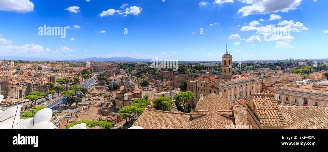 Cityscape  of Rome from Vittoriano: view of Imperial Forum, Roman Forum, Colosseum, Capitoline Hill. Stock Photo