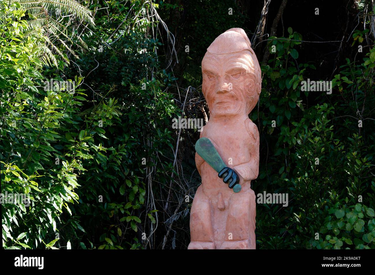 A Maori carving, Te Tana Pukekohatu at Bark Bay in the Abel Tasman National Park. He is holding a patu or mere depending on what it is made from. It w Stock Photo