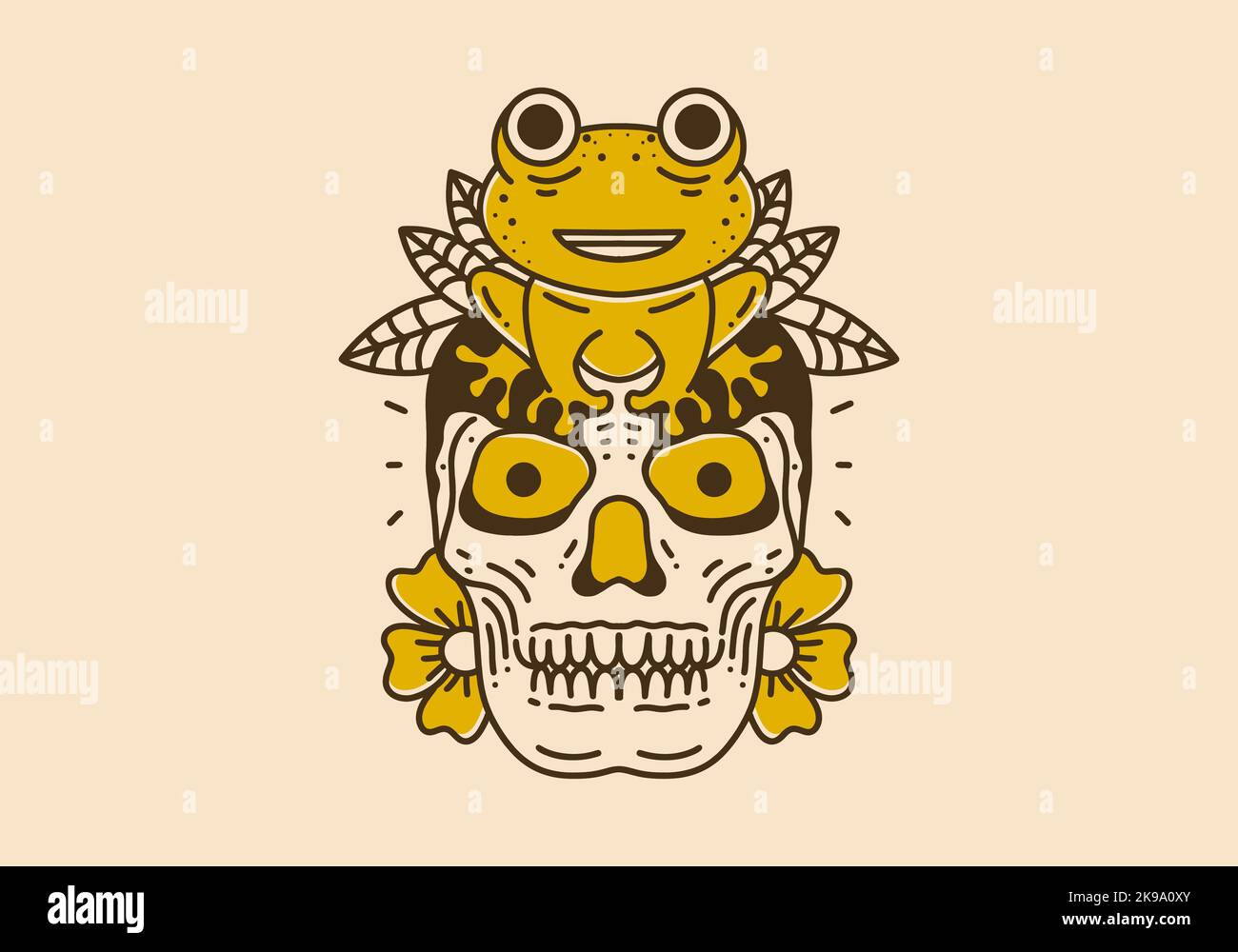Vintage art illustration design of a frog sit on the skull Stock Vector ...