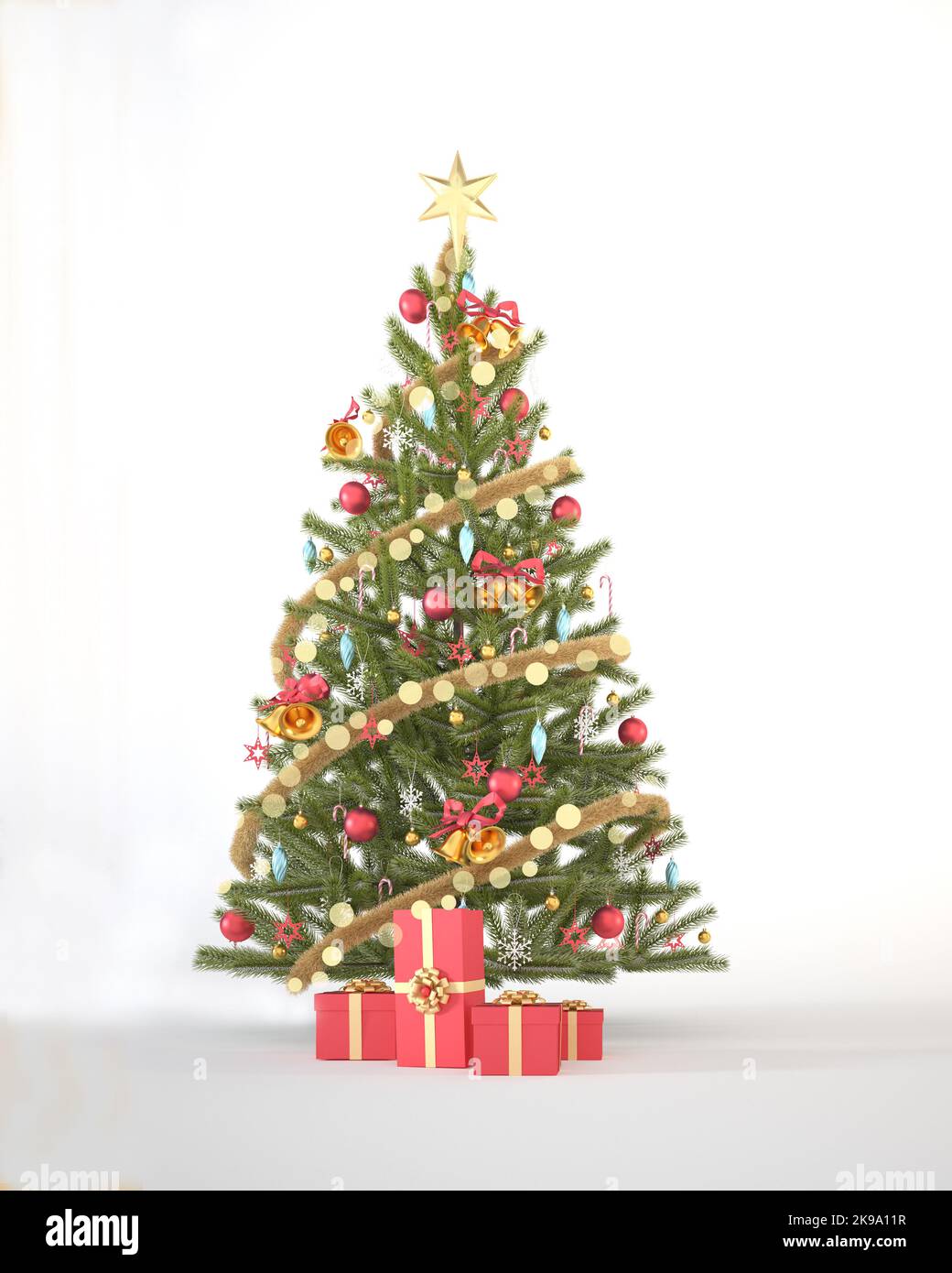 Christmas tree with red and gold ornaments and red gift boxes on white ...