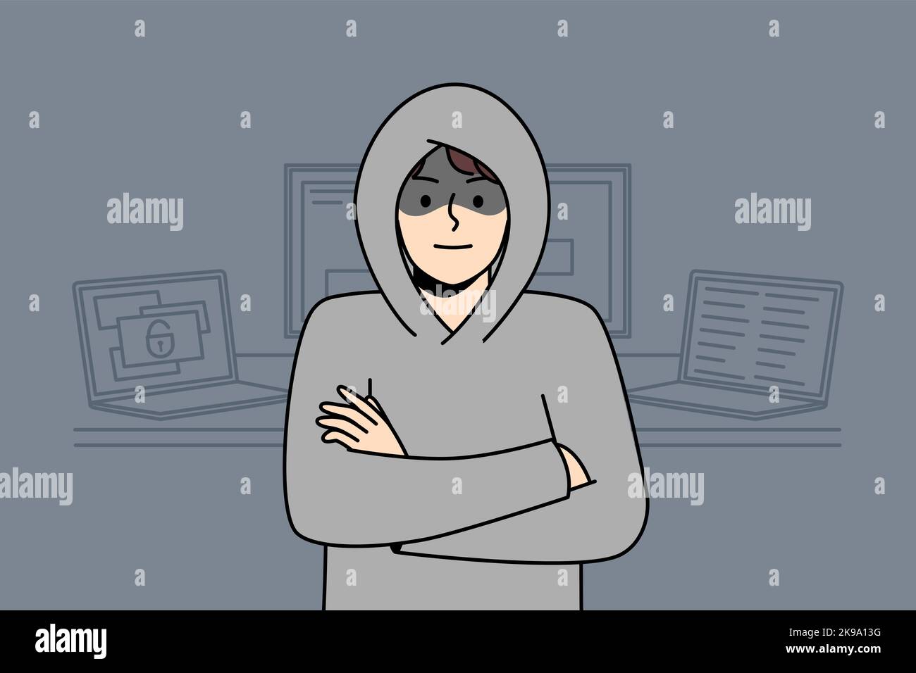 Young man in hood standing near computers hacking internal operations system. Suspicious male