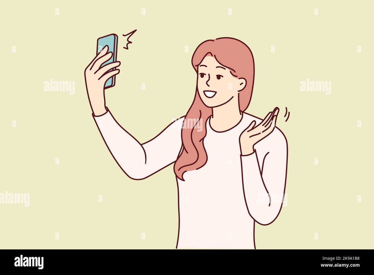 Smiling woman wave talk on webcam call on cellphone. Happy female have online video chat on smartphone. Technology concept. Vector illustration.  Stock Vector