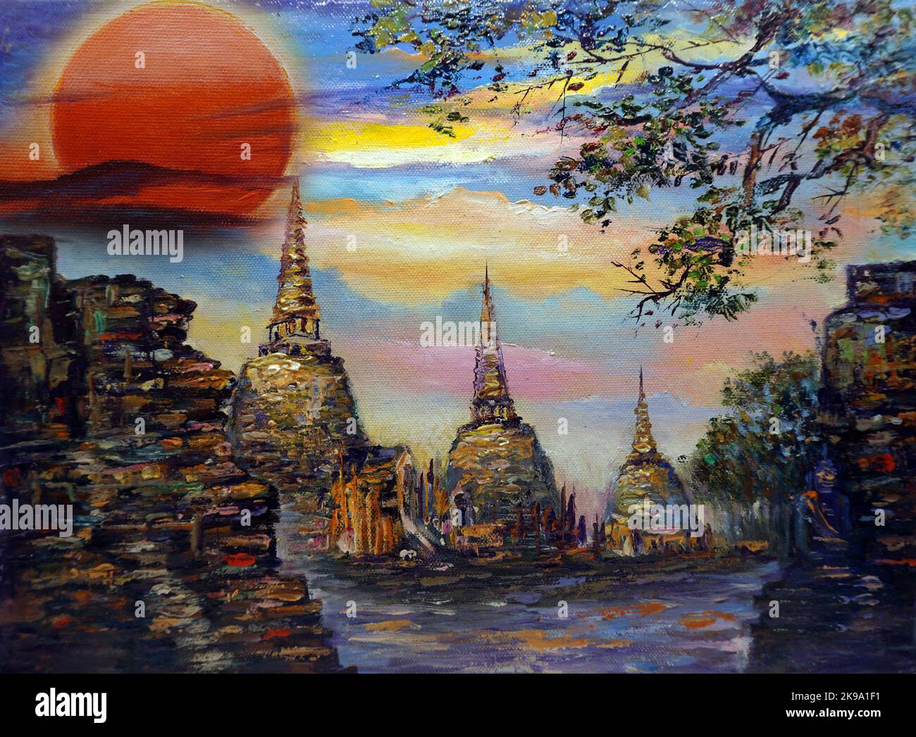 Art Oil painting color Wat Ayutthaya Thailand , Ayutthaya Historical Park , Wat Phrasisanphet Stock Photo