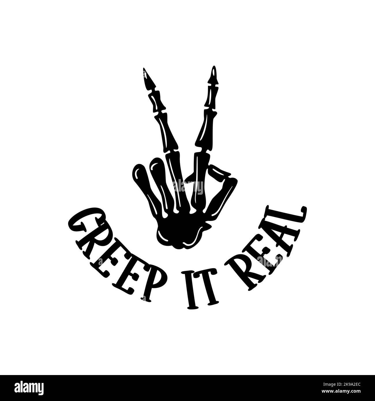 Skeleton hand with Halloween quote Creep it Real. Peace hand sign. Halloween party template for home decoration, laser cut, crafting. Vector Stock Vector