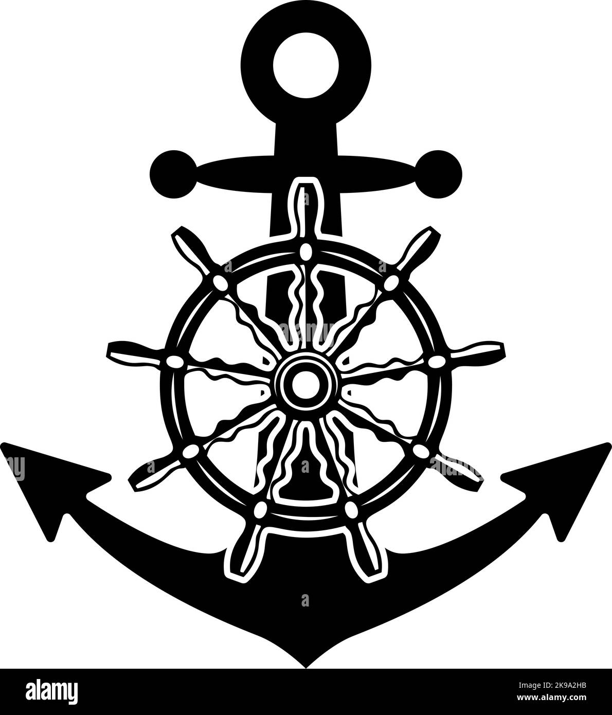 Illustration of an anchor with ship steering wheel in monochrome style ...