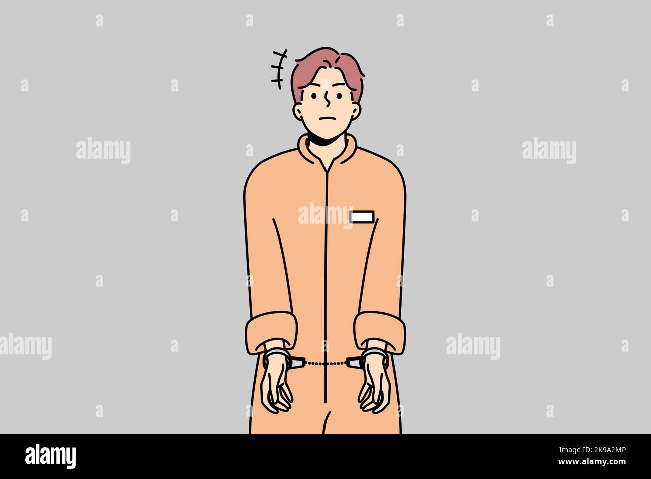 Male prisoner in robe wearing handcuffs. Unhappy man convict in uniform imprisoned. Imprisonment and jail concept. Vector illustration.  Stock Vector