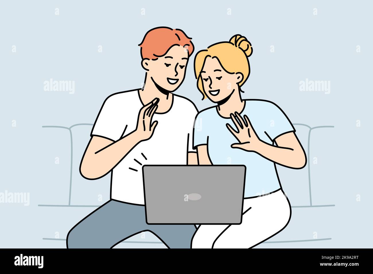 Smiling couple sit on sofa wave talk on video call on computer. Happy man and women have fun enjoy webcam conversation on laptop. Vector illustration.  Stock Vector