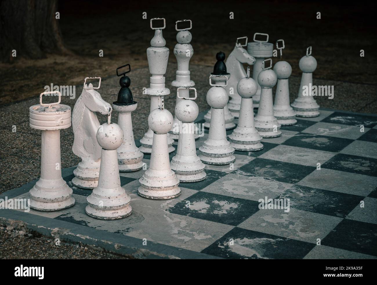 Huge chess figures on floor outdoor Stock Photo