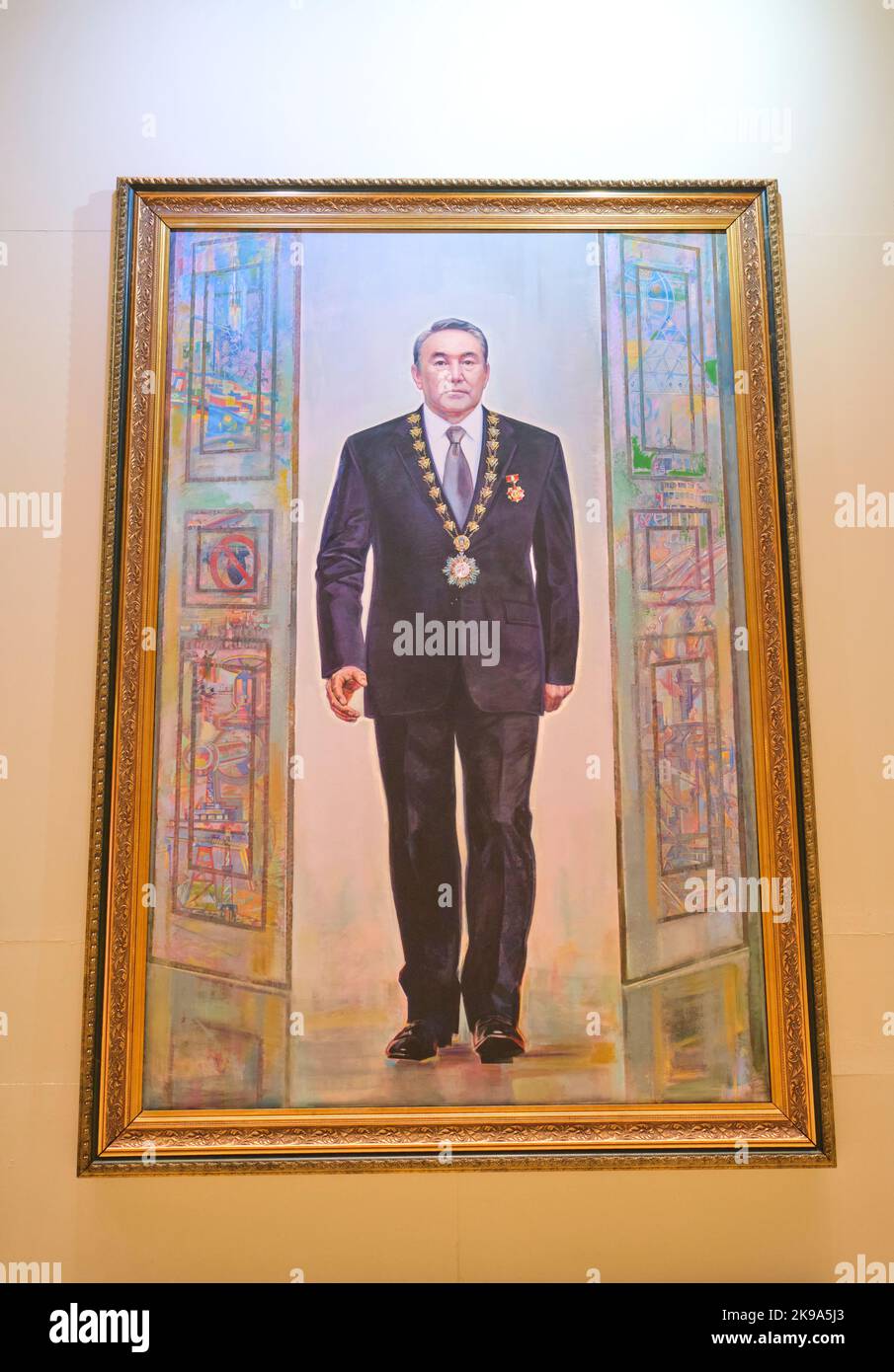 Large oil painting of the first President, Nursultan Nazarbayev. At the ...