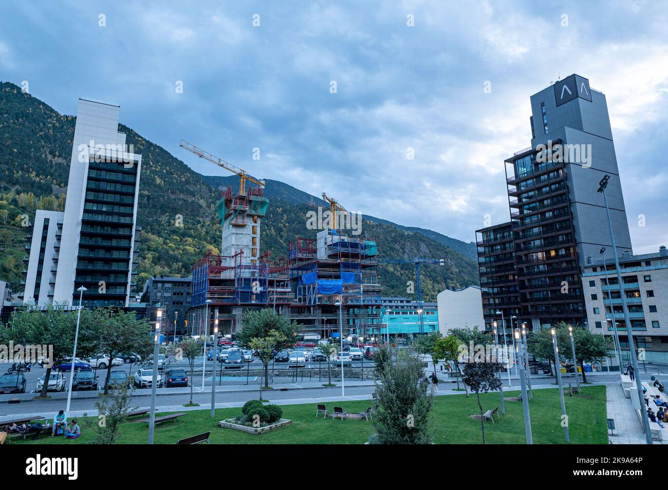 Escaldes - Engordany : 2022 October 26 : Panorama of the parish of Escaldes Engordany with its new towers, in autumn 2022. Stock Photo