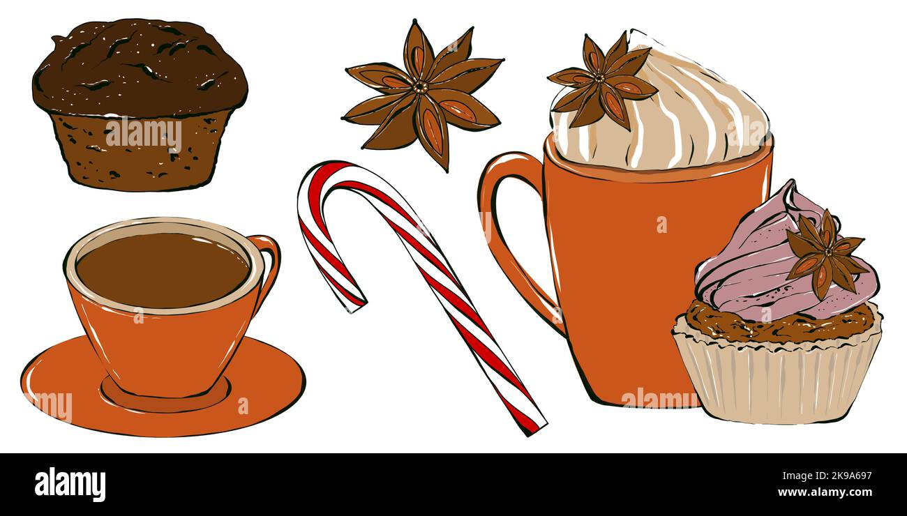 Set of coffee cups with coffee and sweet foam. Hand drawing